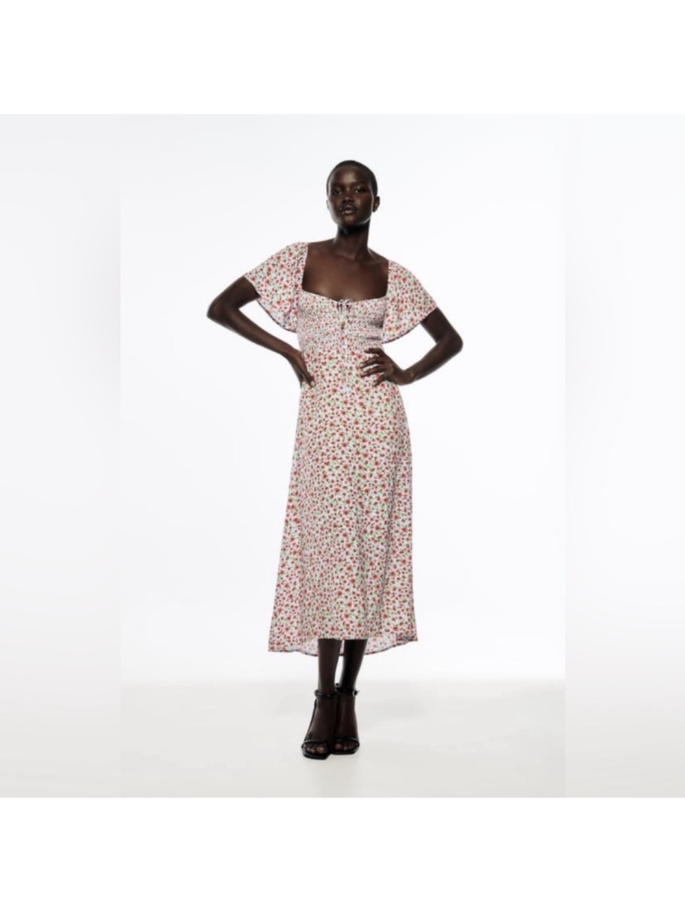 Zara White Floral Midi Dress with Red Rose Print